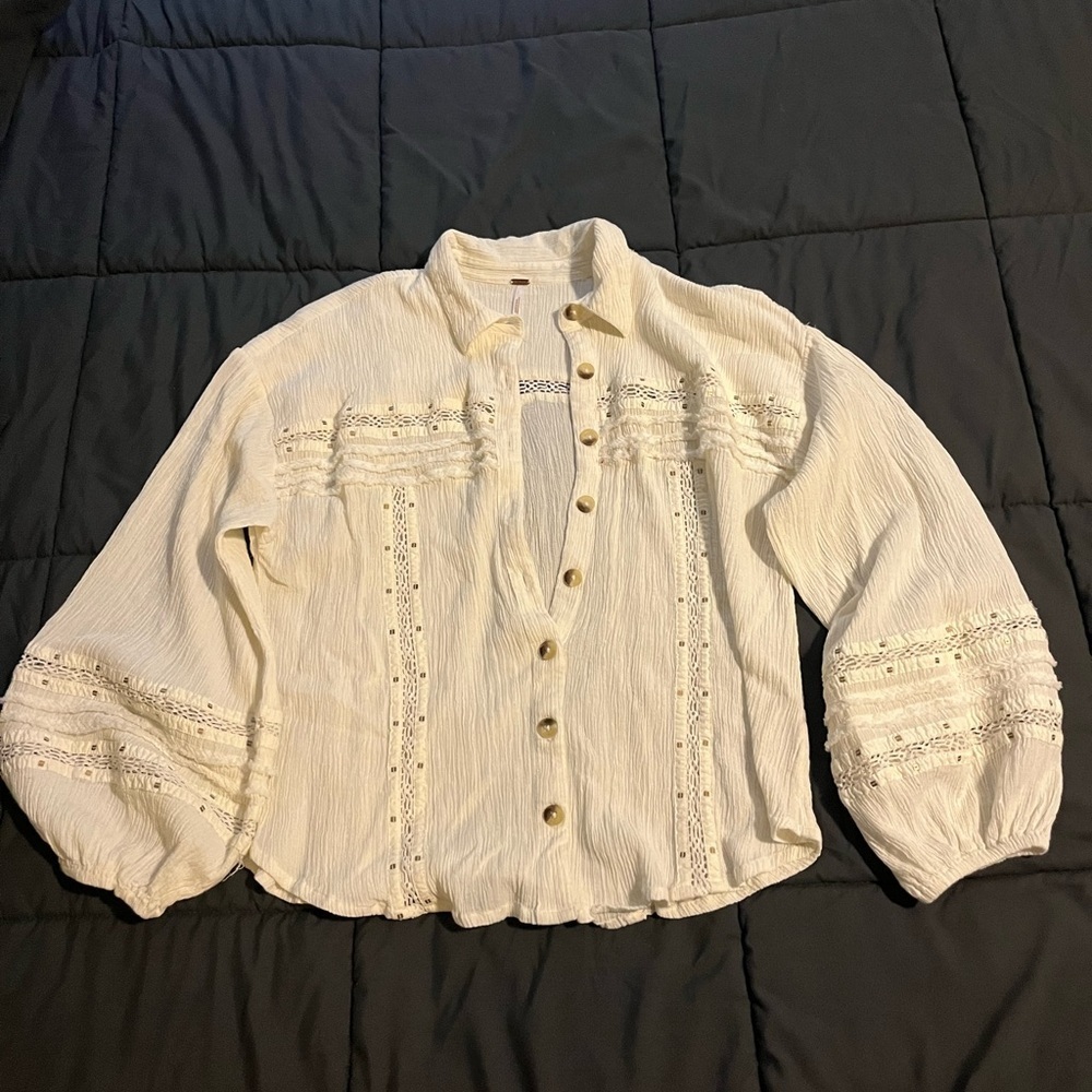 Free People Cream Button-Up Blouse with Lace Details - Picture 2 of 13